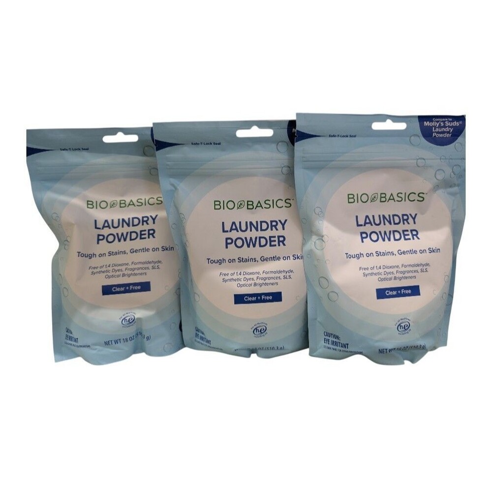 Bio Basics Laundry Powder Clear + Free Hypoallergenic 18 oz Pack of 3 NIP